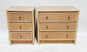 Two matching bamboo and wicker covered pine chest of drawers, the largest with three drawers, 73cm