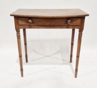 19th century mahogany bowfronted side table, the single drawer having turned wooden handles and