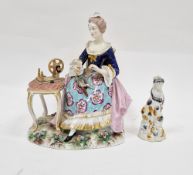 Early Prattware figure of lady holding a sheep, possibly a candle snuffer, 10cm high and continental