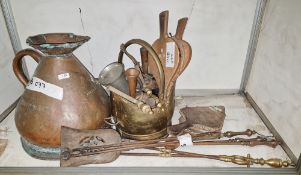 Antique copper 4 gallon measuring jug 42cm high together with an antique three-piece steel companion