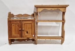 Pine hanging wall cupboard with two panel doors, 63cm high x 50cm wide x 16cm deep and a pine