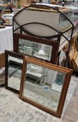 Collection of four mirrors including an iron-framed mirror with bevelled edge, 118cm high x 72cm
