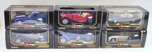 Six boxed Burago Diamonds 1/18 scale diecast model cars to include Mercedes Benz 300 SL (1954),