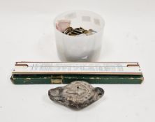 Tub of mixed coins, mostly foreign and UK decimal, a cased Castell slide rule and a clay roman-style