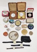 Mixed lot of collectable items including two early 20th century eight-day travelling alarm clocks,