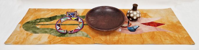Collection of ethnic items including a Maasai beaded collar, a carved wooden bowl, a Turkish woollen