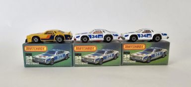 Three boxed Matchbox Superfast 75 series diecast model cars No.34 Chevy Pro Stocker to include