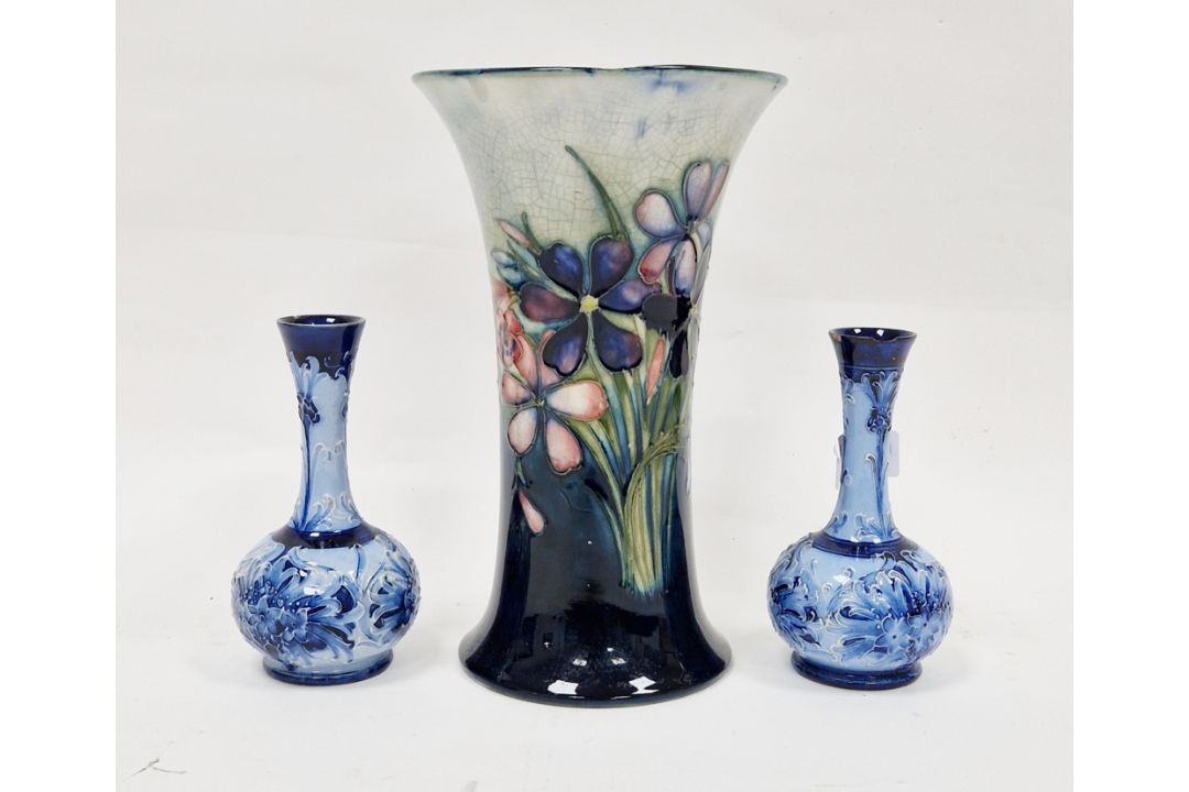 Pair Moorcroft Florianware miniature bottle vases, pale blue and bright blue floral decorated ( - Image 1 of 4
