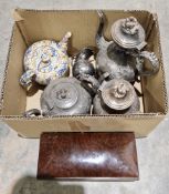 Victorian four-piece plated tea set, a brown simulated wood bakelite box and cover and a ceramic
