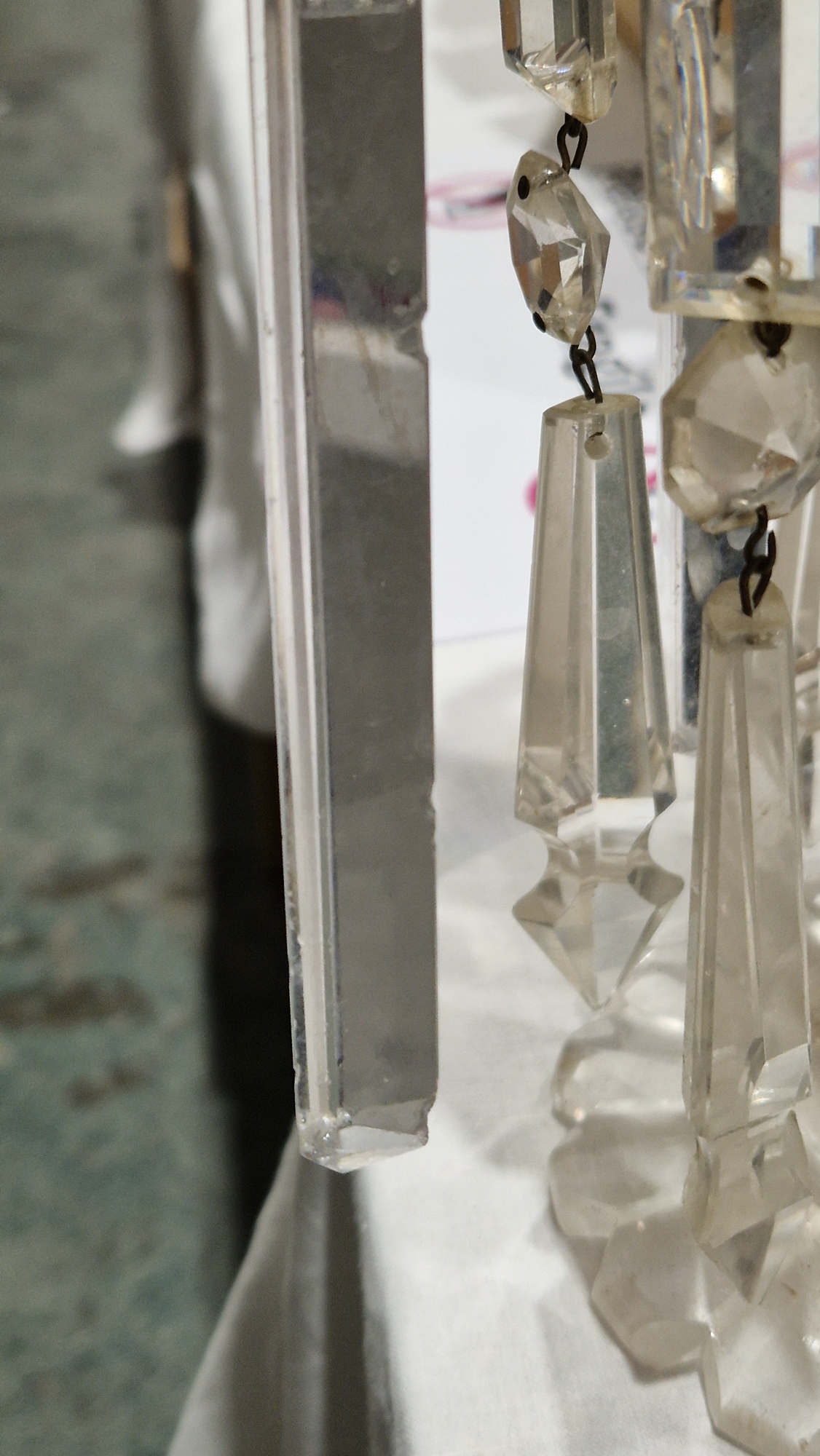 Two Victorian frosted opaque and gilt glass lustres, suspending pendant drops, four clear glass - Image 21 of 23