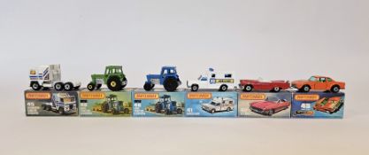 Six boxed Matchbox Superfast 75 series diecast model cars to include No.41 Ambulance, No.42 '57 T-