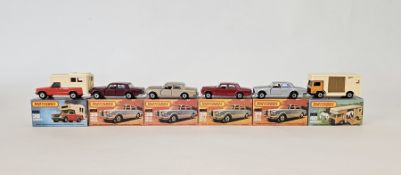 Six boxed Matchbox Superfast 75 series diecast model cars to include No. 38 Camper, 4 X No. 39 Rolls