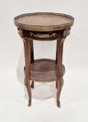 French walnut circular side table in the Louis XV manner, the top with pierced gilt gallery rail and