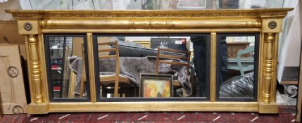 Early 19th century Regency gilt framed triple plate overmantel mirror, the frame with moulded
