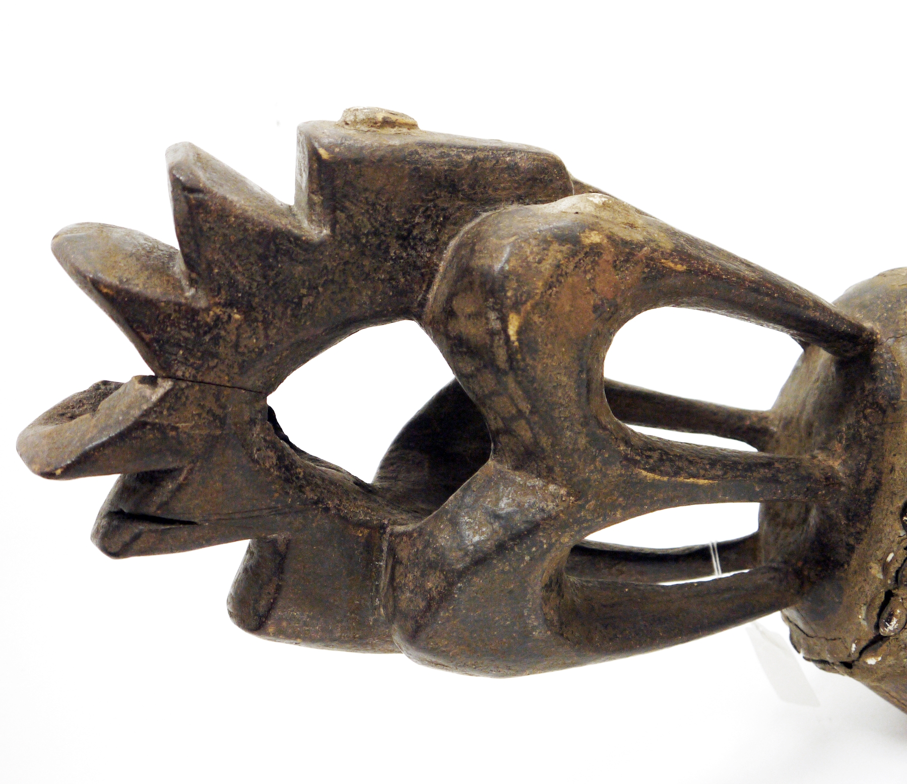 African tribal wooden face mask with integrated carved head piece, possibly Igbo, the long elongated - Image 3 of 4