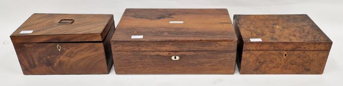 Three 19th century boxes including a mahogany tea caddy with twin lidded tea compartments and