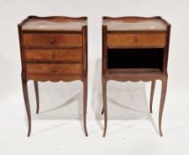Two matched bedside walnut cabinets in the French Louis XV manner, the quarter veneered tops with