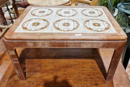 Mid-century G-Plan teak coffee table, the rectangular top inset with six tiles and raised on