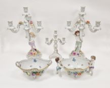Continental porcelain five-piece mantel garniture, printed blue crowned shield marks, comprising: