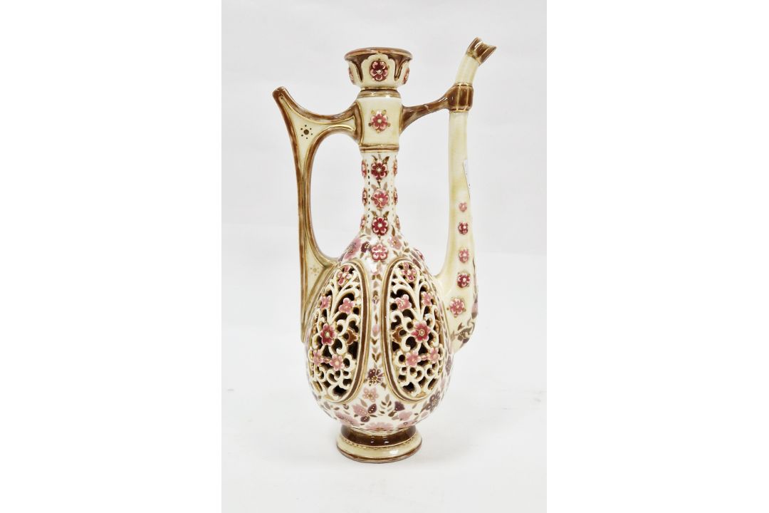 Early 20th century Zsolnay Pecs reticulated ewer having tall neck and floral pierced panels, printed - Image 3 of 4