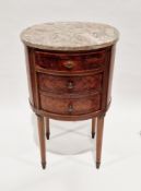 Early 20th century mahogany inlaid oval pot cupboard, the marble top over a single drawer and