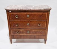 Late 19th/early 20th century mahogany and satinwood inlaid chest of three long drawers, the marble