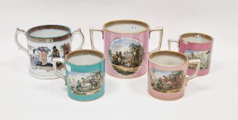 Collection of 19th century Pratt-type mugs in sizes, including: four with coloured grounds, with