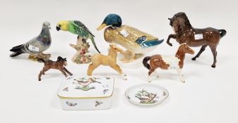 Herend Rothschild Birds pattern rectangular box and cover and a pin dish, printed blue marks,