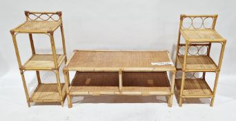 Wicker and bamboo two-tier coffee table, 38cm high x 92cm wide x 41cm deep and a pair of wicker