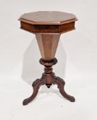 Victorian walnut trumpet-shaped work/sewing table, the octagonal top opening to a fabric lined