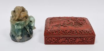 Chinese cinnabar lacquer box and cover, rectangular, the domed cover carved with figures working