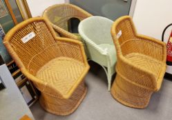 Pair of wicker and rush conservatory chairs, 84cm high x 61cm wide and two Lloyd Loom-style tub