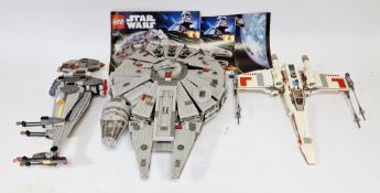 Three Lego Star Wars constructed lego sets to include No.6208 B-wing Fighter, No.9493 X-wing