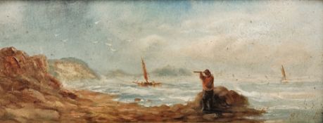 19th century school Oil on board Coastal scene with figure on rocks looking at fishing boat