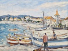 20th century school Oil on board 'Le Port du......??', coastal scene with figures, boats and coastal