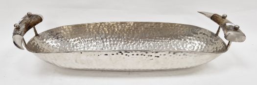 White metal mounted and horn large oval bowl, hammered with raised horn handles