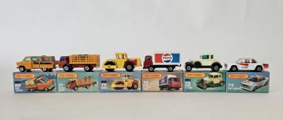 Six boxed Matchbox Superfast 75 series diecast model cars to include No.66 Ford Transit, No. 71