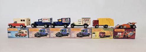 Six boxed Matchbox Superfast 75 series diecast model cars to include No.36 Refuse Truck, No. 36