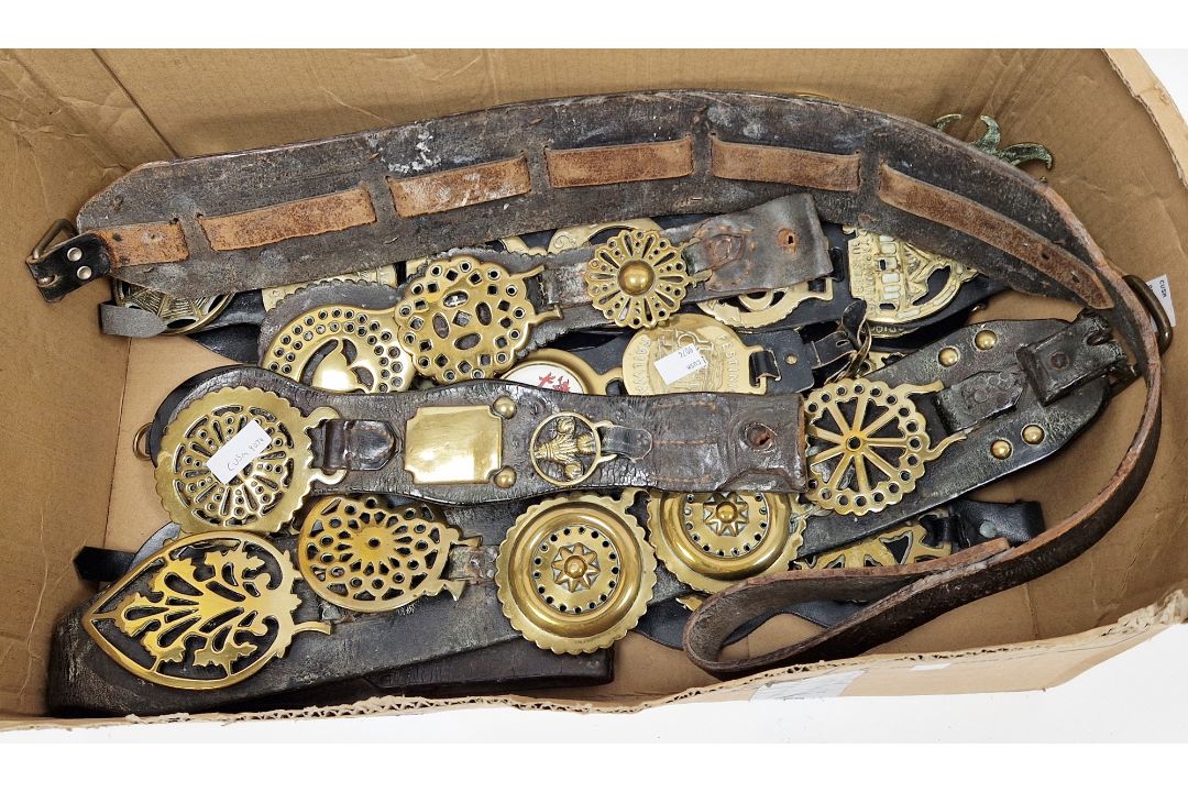 Collection of ten leather horse straps mounted with approximately forty six horse brasses, some - Image 1 of 3