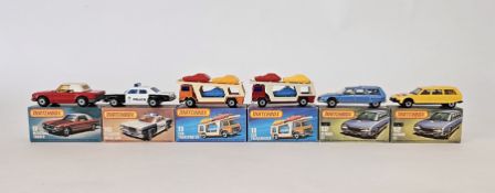 Six boxed Matchbox Superfast 75 series diecast model cars to include No. 6 Mercedes Tourer (red &