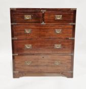 Campaign-style mahogany and brass bound chest of two short over three long graduating drawers, in