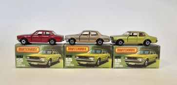 Three boxed Matchbox Superfast 75 series diecast model car No.55 Ford Cortina to include one with