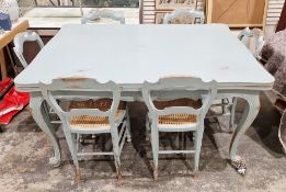 Late 19th/early 20th century French draw-leaf dining room table, later painted blue, with shaped top