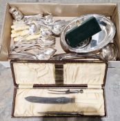 Quantity of silver plated cutlery including two large soup ladles, a silver plated entree dish,