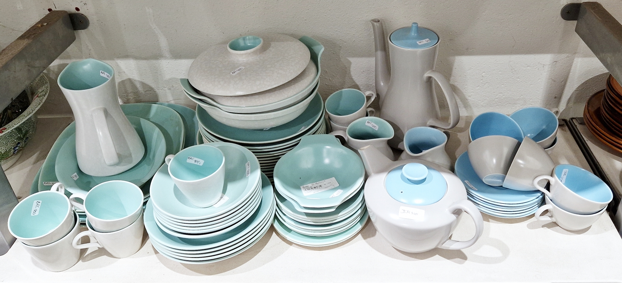 Mid-century Poole Pottery part dinner-service, with cloud grey and turquoise ground, comprising: