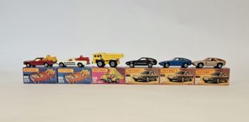 Six boxed Matchbox Superfast 75 series diecast model cars to include No.58 Faun Dump Truck, 3 X No.