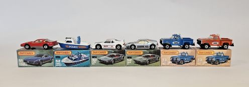 Six boxed Matchbox Superfast 75 series diecast model cars to include No.51 Pontiac Firebird SE, No.