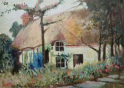 Ferdinand Cirel (1884-1968) Thatched cottage and garden Oil on board, signed and inscribed 44.V.
