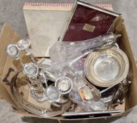 Moulded glass claret jug with silver plated mounts, a pair of silver plated candlesticks, a pair