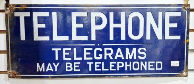 Original blue enamel sign ' Telephone, telegrams may be telephoned ' 56cm x 23cm